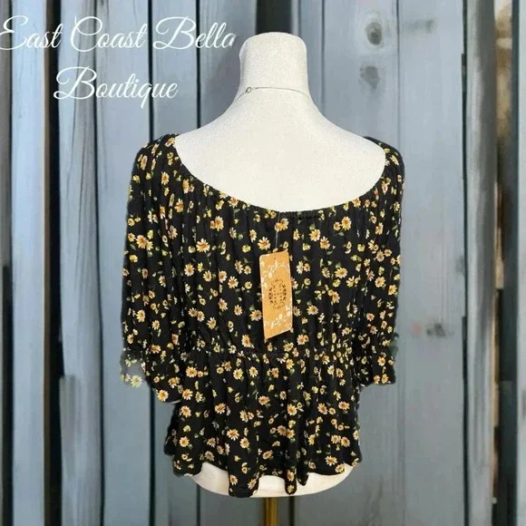 NWT Mason & Belle Cropped Blouse Short Sleeve Off Shoulder Black Floral Top XL - Picture 6 of 12
